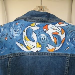 Women's Jean Jacket Painted  Koi On Back